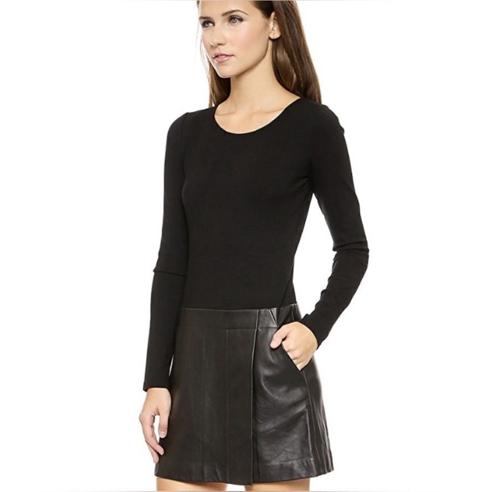 Theory Bowmont Knit & Leather Combo Dress Faux Wrap Modern Black Long Sleeve 2